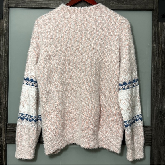 Fair Isle Mock Neck Cozy Pink, White & Blue Fuzzy Sweater - Picture 2 of 6